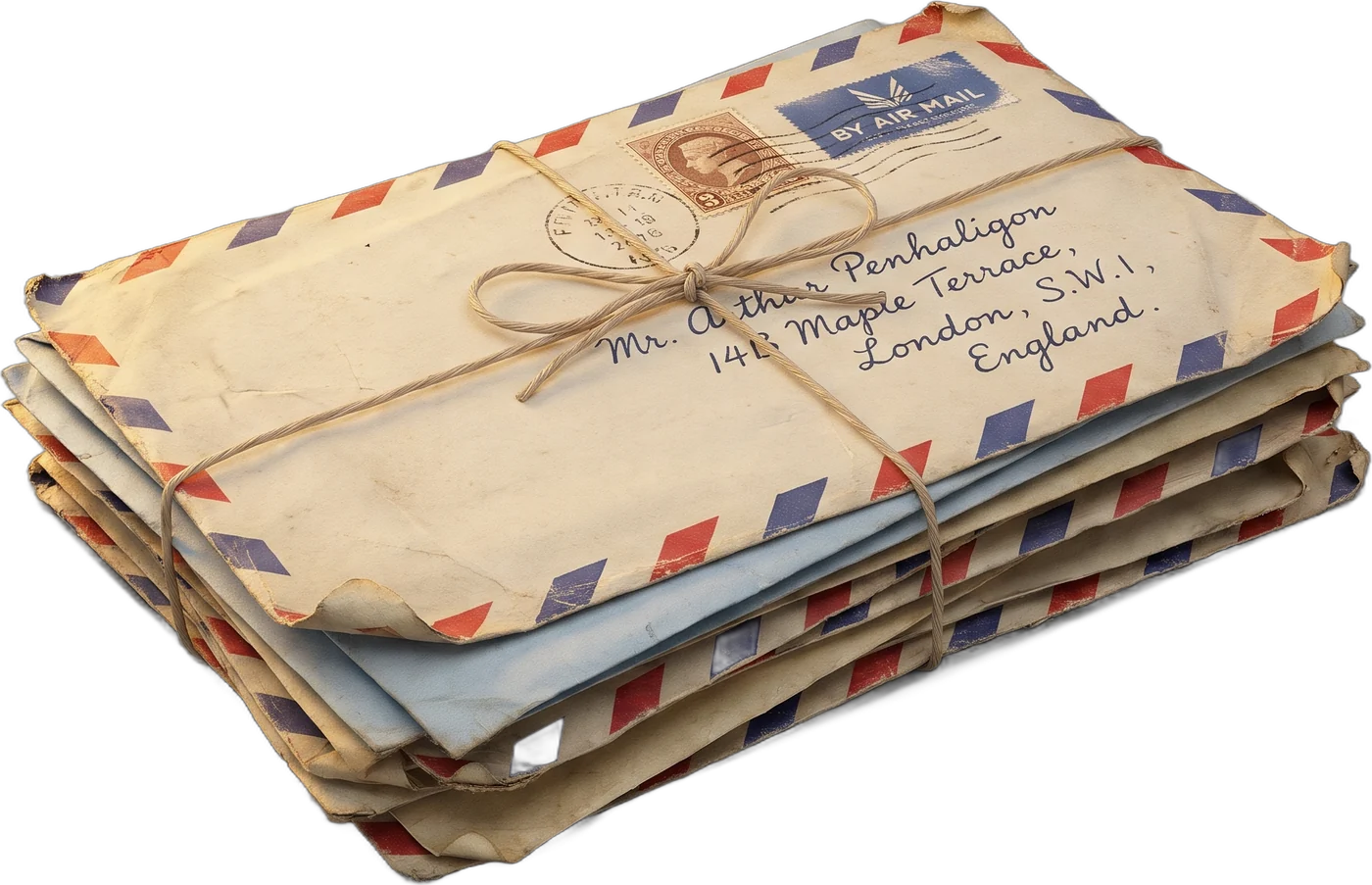 A bundle of airmail letters tied with string